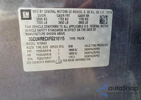 2015 Chevrolet Silverado K1500 Lt из США, поврежденный, VIN 3GCUKRECXFG218115